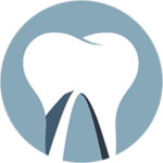 White tooth graphic logo on a blue circle background