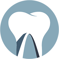 White tooth graphic logo on a blue circle background