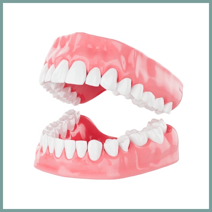 3D model of a full upper and lower denture set with teeth and pink acrylic base